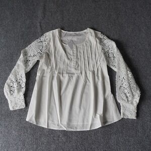 White Lace Sleeve Blouse Top Pleated Details Elegant Women's Medium New‎